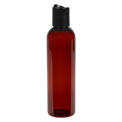 4 oz. Clarified Amber PET Cosmo Round Bottle with 20/410 Black Polypropylene Disc-Top Dispensing Cap