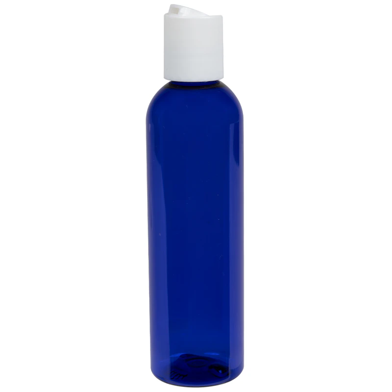 4 oz. Cobalt Blue PET Cosmo Round Bottle with 20/410 Black Polypropylene Disc-Top Dispensing Cap