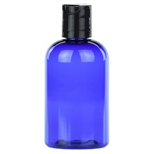 4 oz. Cobalt Blue PET Cosmo Round Bottle with 20/410 Black Polypropylene Disc-Top Dispensing Cap
