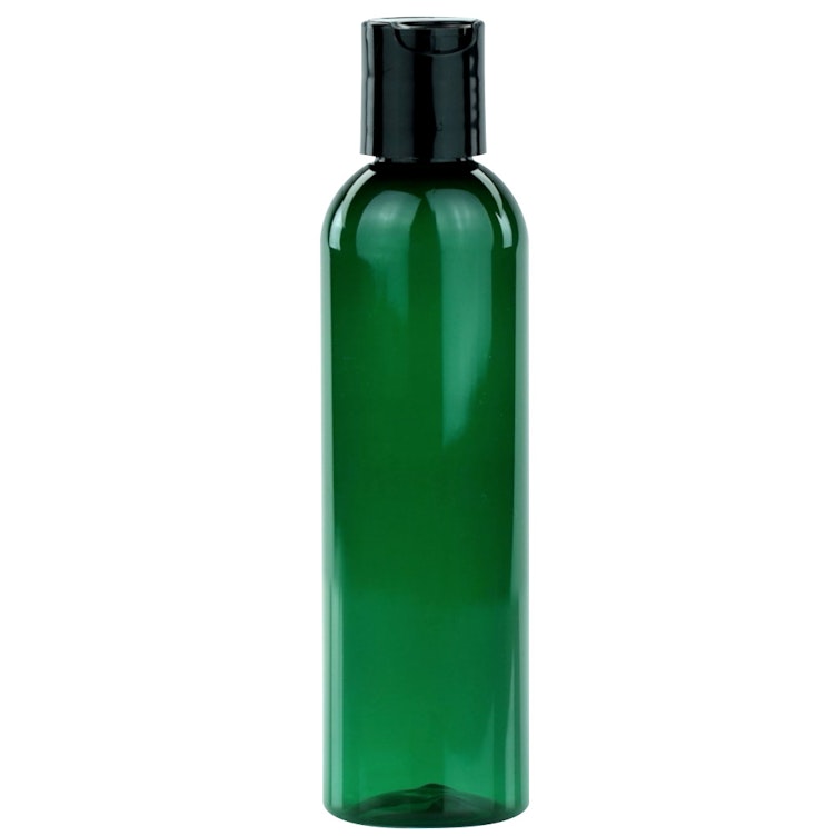 4 oz. Dark Green PET Cosmo Round Bottle with 20/410 Black Polypropylene Disc-Top Dispensing Cap