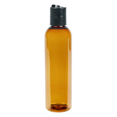 4 oz. Red Amber PET Cosmo Round Bottle with 20/410 Black Polypropylene Disc-Top Dispensing Cap