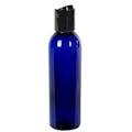 4 oz. Cobalt Blue PET Cosmo Round Bottle with 24/410 Black Polypropylene Dispensing Disc-Top Cap