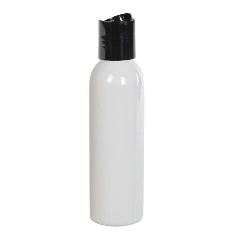 4 oz. White PET Cosmo Round Bottle with 24/410 Black Polypropylene Dispensing Disc-Top Cap