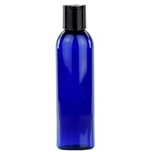 6 oz. Cobalt Blue PET Cosmo Round Bottle with 24/410 Black Polypropylene Disc-Top Dispensing Cap