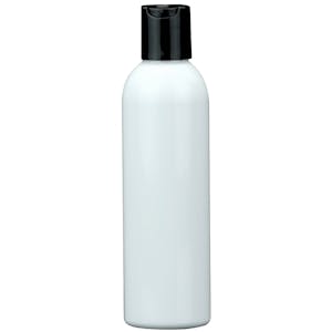 6 oz. White PET Cosmo Round Bottle with 24/410 Black Polypropylene Disc-Top Dispensing Cap