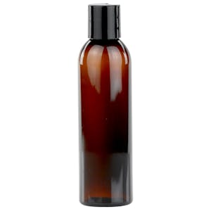 6 oz. Light Amber PET Cosmo Round Bottle with 24/410 Black Polypropylene Disc-Top Dispensing Cap
