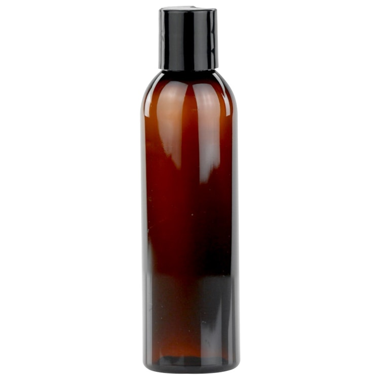 6 oz. Light Amber PET Cosmo Round Bottle with 24/410 Black Polypropylene Disc-Top Dispensing Cap