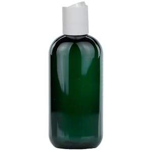 8 oz. Dark Green PET Cosmo Round Bottle with 24/410 Black Polypropylene Disc-Top Dispensing Cap