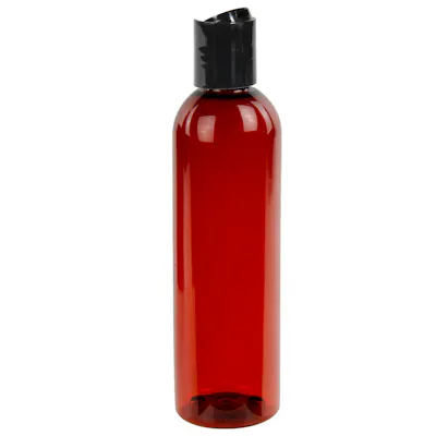 8 oz. Red Amber PET Cosmo Round Bottle with 24/410 Black Polypropylene Disc-Top Dispensing Cap