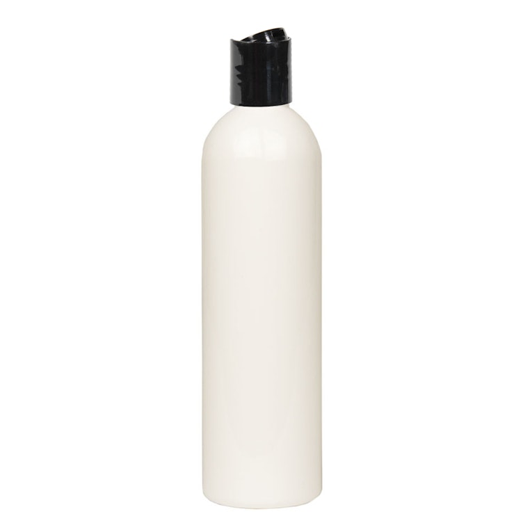 8 oz. White PET Cosmo Round Bottle with 24/410 Black Polypropylene Dispensing Disc-Top Cap