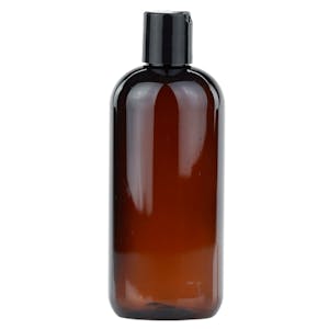 12 oz. Light Amber PET Cosmo Round Bottle with 24/410 Black Polypropylene Disc-Top Dispensing Cap
