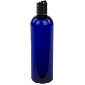 12 oz. Cobalt Blue PET Cosmo Round Bottle with 24/410 Black Polypropylene Dispensing Disc-Top Cap