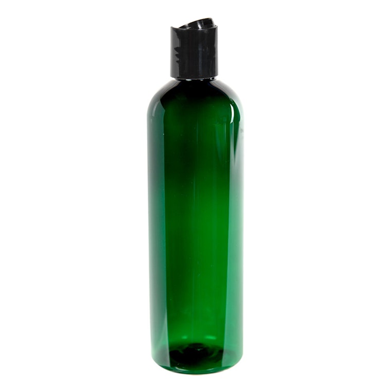 12 oz. Dark Green PET Cosmo Round Bottle with 24/410 Black Polypropylene Dispensing Disc-Top Cap
