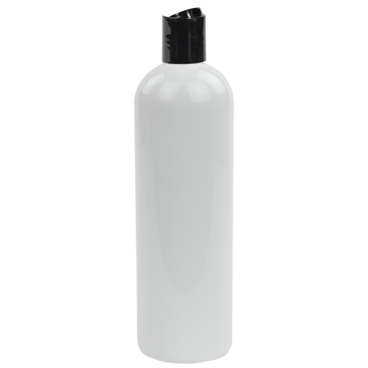 12 oz. White PET Cosmo Round Bottle with 24/410 Black Polypropylene Dispensing Disc-Top Cap