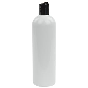 12 oz. White PET Cosmo Round Bottle with 24/410 Black Polypropylene Dispensing Disc-Top Cap