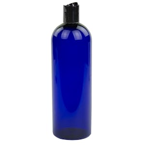 16 oz. Cobalt Blue PET Cosmo Round Bottle with 24/410 Black Polypropylene Dispensing Disc-Top Cap