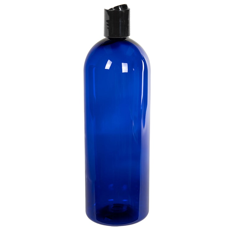 32 oz. Cobalt Blue PET Cosmo Round Bottle with 28/410 Black Polypropylene Dispensing Disc-Top Cap