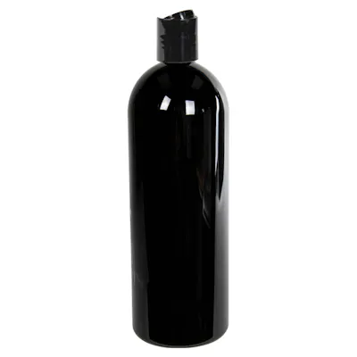 32 oz. Black PET Cosmo Round Bottle with 28/410 Black Polypropylene Disc-Top Dispensing Cap
