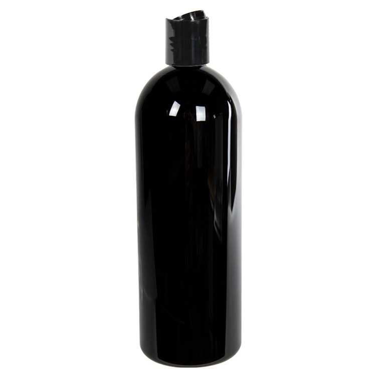 32 oz. Black PET Cosmo Round Bottle with 28/410 Black Polypropylene Dispensing Disc-Top Cap