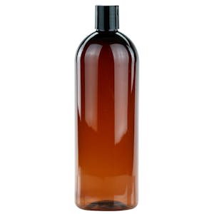 32 oz. Light Amber PET Cosmo Round Bottle with 28/410 Black Polypropylene Disc-Top Dispensing Cap