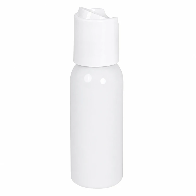 1 oz. White PET Cosmo Round Bottle with 20/410 White Polypropylene Disc-Top Dispensing Cap
