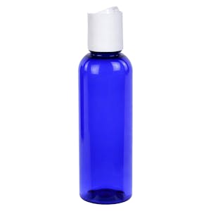 2 oz. Cobalt Blue PET Cosmo Round Bottle with 20/410 White Polypropylene Disc-Top Dispensing Cap