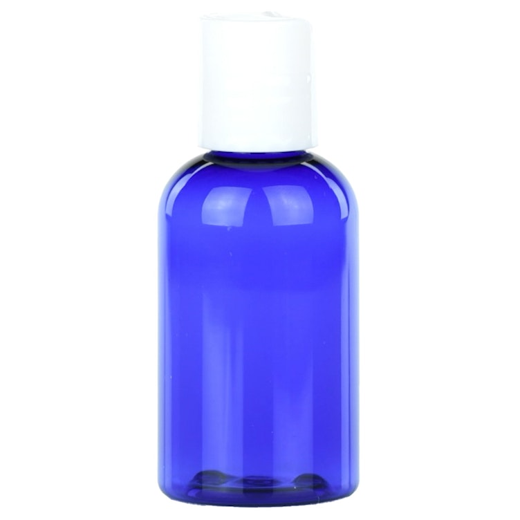 2 oz. Cobalt Blue PET Cosmo Round Bottle with 20/410 White Polypropylene Disc-Top Dispensing Cap