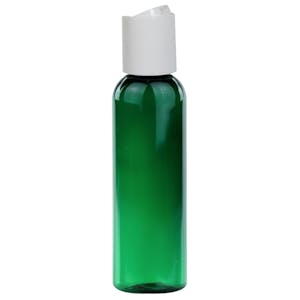 2 oz. Dark Green PET Cosmo Round Bottle with 20/410 White Polypropylene Disc-Top Dispensing Cap