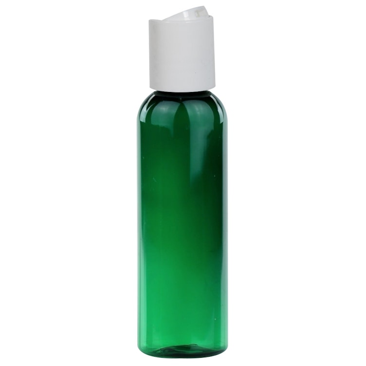 2 oz. Dark Green PET Cosmo Round Bottle with 20/410 White Polypropylene Disc-Top Dispensing Cap