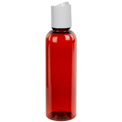 2 oz. Red Amber PET Cosmo Round Bottle with 20/410 White Polypropylene Disc-Top Dispensing Cap