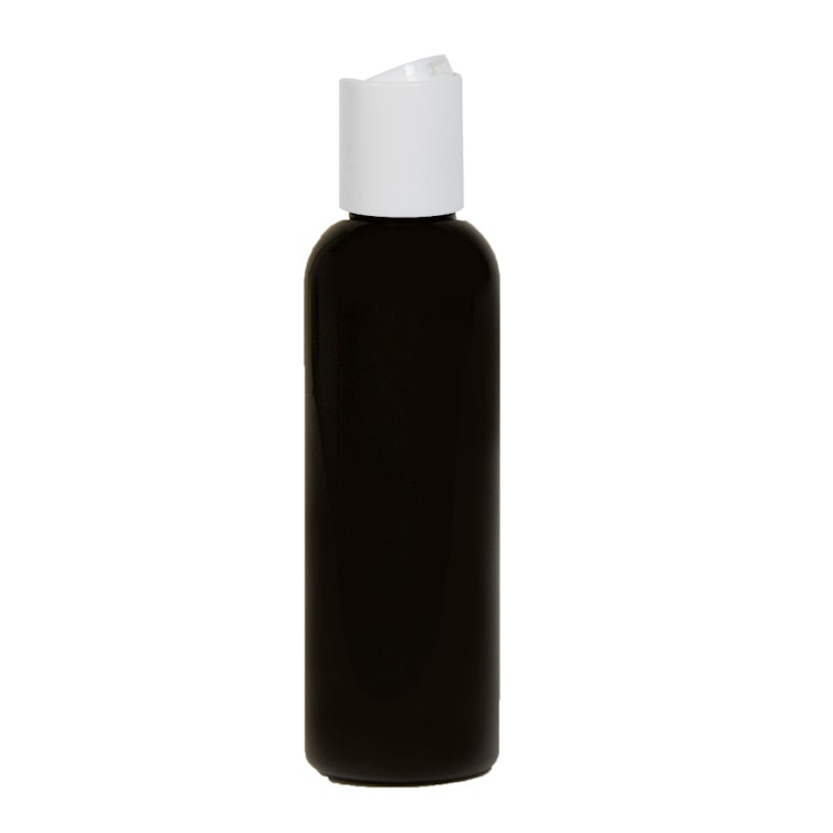 2 oz. Black PET Cosmo Round Bottle with 20/410 White Polypropylene Dispensing Disc-Top Cap