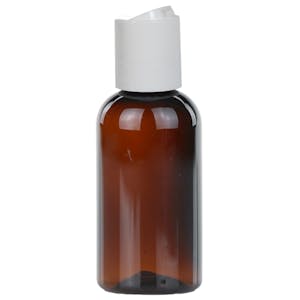 2 oz. Light Amber PET Cosmo Round Bottle with 20/410 White Polypropylene Disc-Top Dispensing Cap