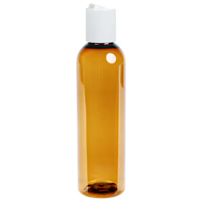 4 oz. Red Amber PET Cosmo Round Bottle with 20/410 White Polypropylene Disc-Top Dispensing Cap