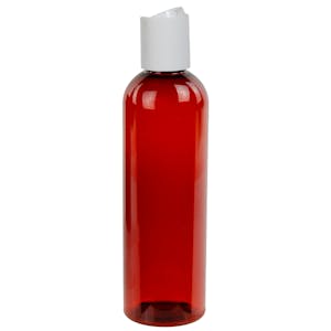 4 oz. Red Amber PET Cosmo Round Bottle with 20/410 White Polypropylene Dispensing Disc-Top Cap