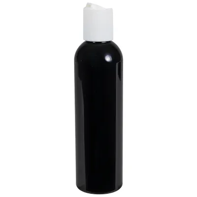4 oz. Black PET Cosmo Round Bottle with 20/410 White Polypropylene Disc-Top Dispensing Cap