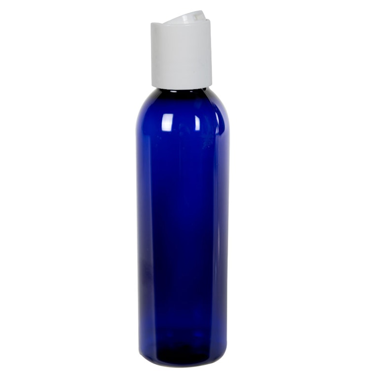 4 oz. Cobalt Blue PET Cosmo Round Bottle with 24/410 White Polypropylene Dispensing Disc-Top Cap