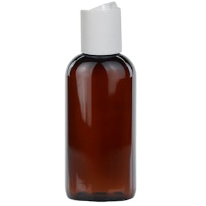 4 oz. Light Amber PET Cosmo Round Bottle with 24/410 White Polypropylene Disc-Top Dispensing Cap