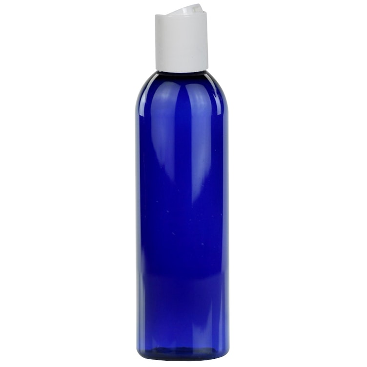 6 oz. Cobalt Blue PET Cosmo Round Bottle with 24/410 White Polypropylene Disc-Top Dispensing Cap