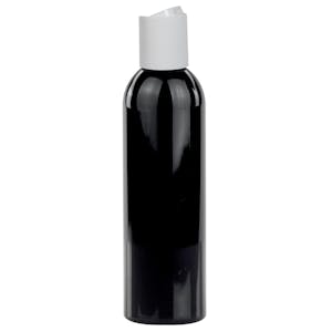 6 oz. Black PET Cosmo Round Bottle with 24/410 White Polypropylene Disc-Top Dispensing Cap