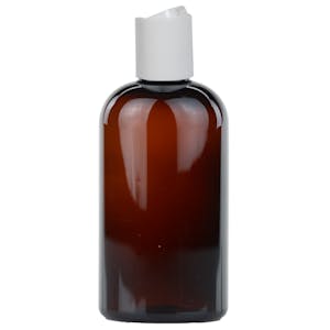 8 oz. Clarified Amber PET Cosmo Round Bottle with 24/410 White Polypropylene Disc-Top Dispensing Cap