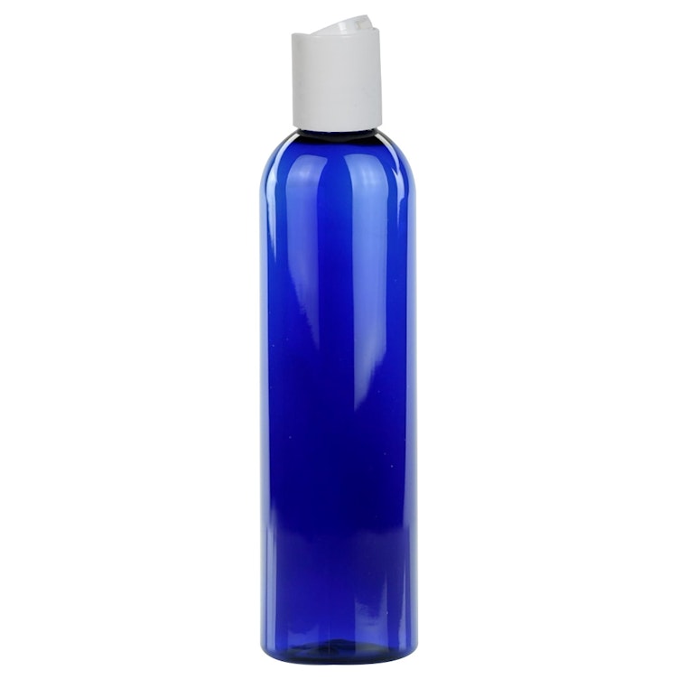 8 oz. Cobalt Blue PET Cosmo Round Bottle with 24/410 White Polypropylene Disc-Top Dispensing Cap
