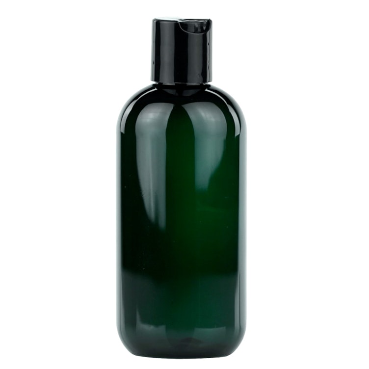 8 oz. Dark Green PET Cosmo Round Bottle with 24/410 White Polypropylene Disc-Top Dispensing Cap