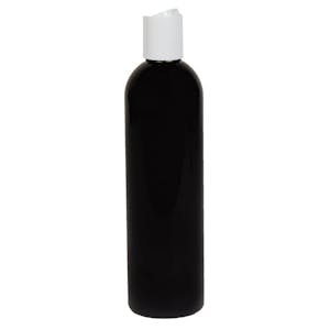 8 oz. Black PET Cosmo Round Bottle with 24/410 White Polypropylene Dispensing Disc-Top Cap