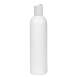 8 oz. White PET Cosmo Round Bottle with 24/410 White Polypropylene Dispensing Disc-Top Cap