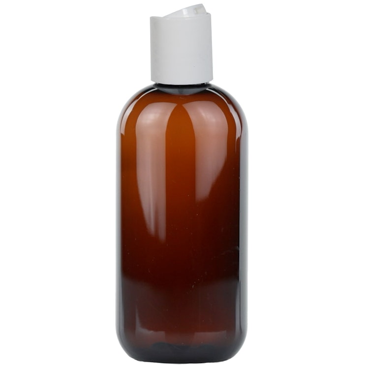 8 oz. Light Amber PET Cosmo Round Bottle with 24/410 White Polypropylene Disc-Top Dispensing Cap