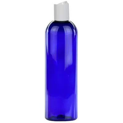 12 oz. Cobalt Blue PET Cosmo Round Bottle with 24/410 White Polypropylene Disc-Top Dispensing Cap