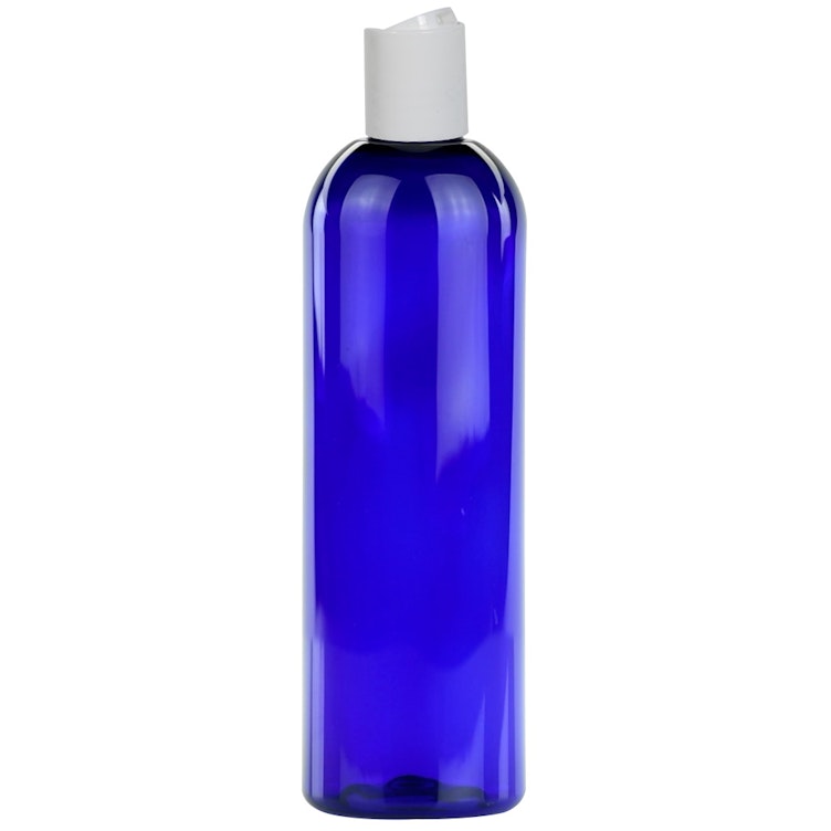 12 oz. Cobalt Blue PET Cosmo Round Bottle with 24/410 White Polypropylene Disc-Top Dispensing Cap
