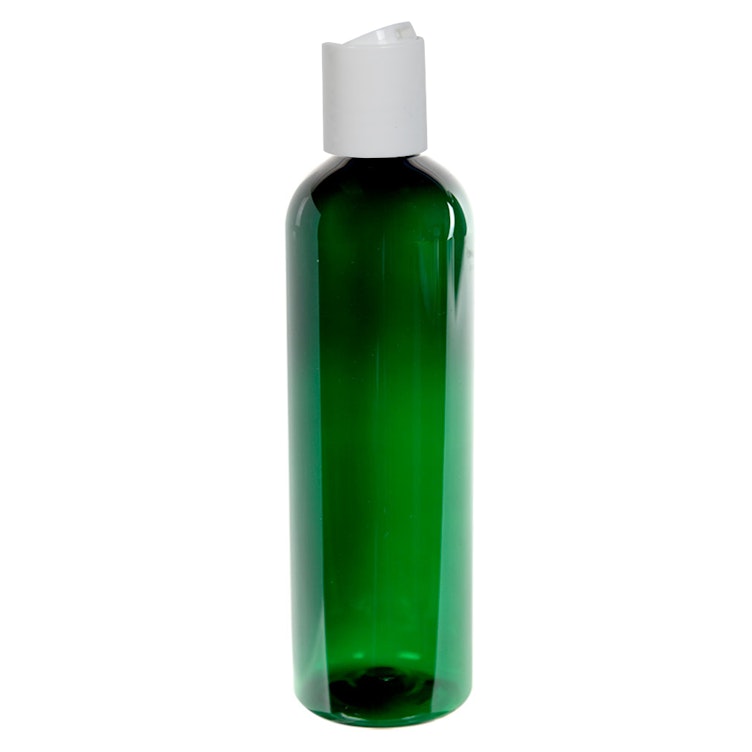 12 oz. Dark Green PET Cosmo Round Bottle with 24/410 White Polypropylene Dispensing Disc-Top Cap