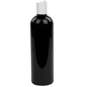 12 oz. Black PET Cosmo Round Bottle with 24/410 White Polypropylene Dispensing Disc-Top Cap