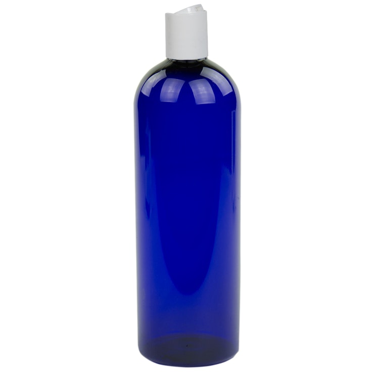 16 oz. Cobalt Blue PET Cosmo Round Bottle with 24/410 White Polypropylene Dispensing Disc-Top Cap